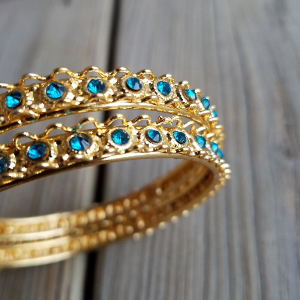 Sold Indian Bollywood Gold Blue Jeweled Bangles